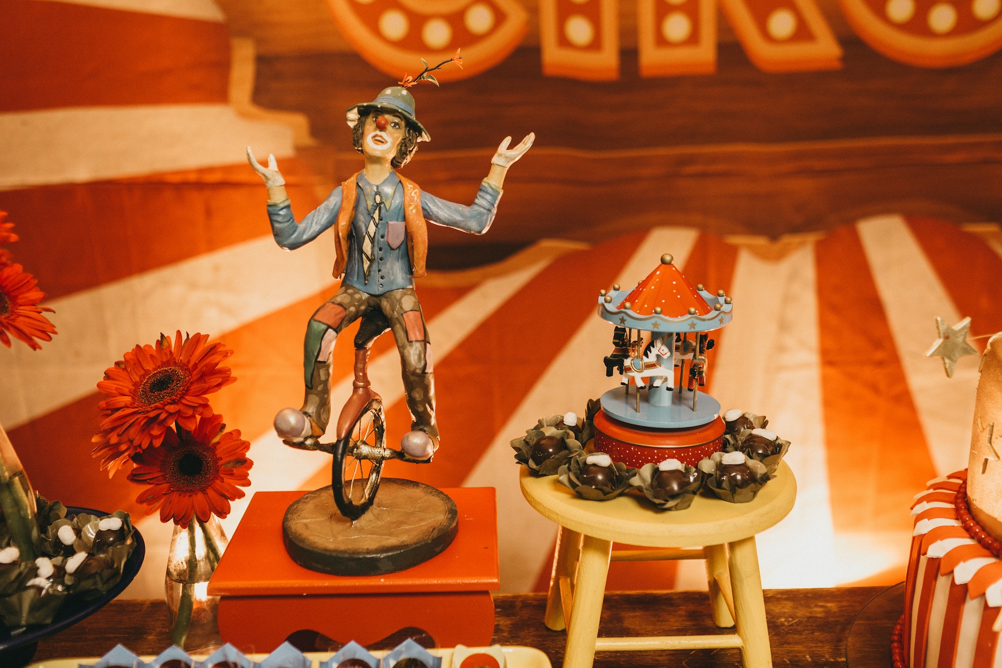 View of a circus-themed dessert table for a children's party